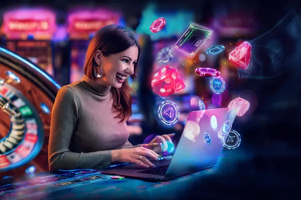 4777BAT Games — Explore our rich library of casino classics A woman smiling while playing online games on her laptop, surrounded by neon casino elements, showcasing 4777BAT’s diverse game collection.